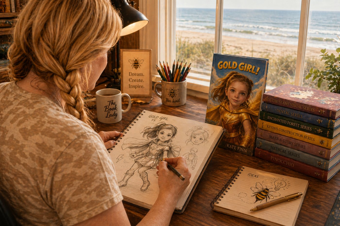 The Book Lady sketching Gold Girl at her seaside desk