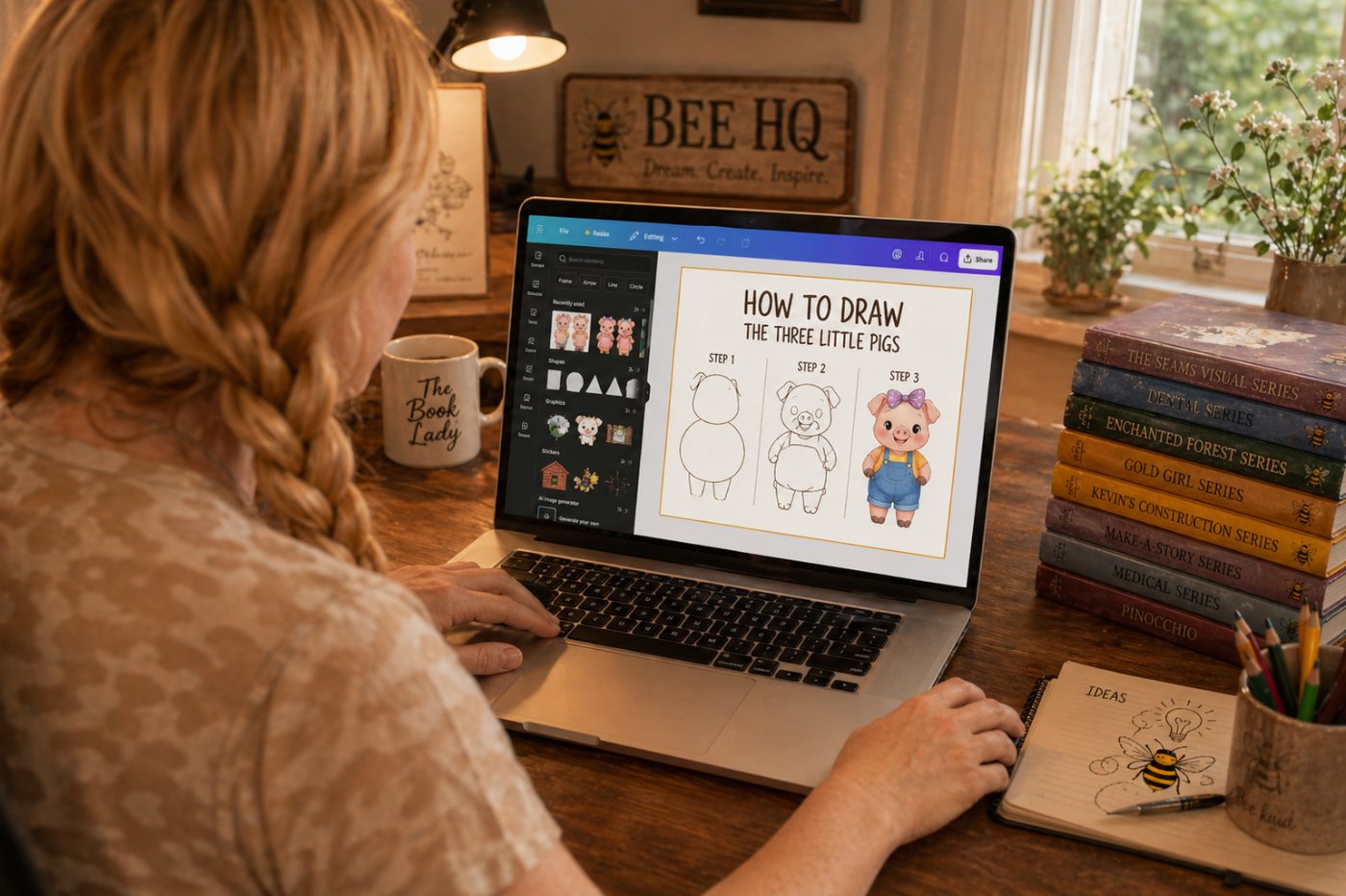 The Book Lady designing the Three Little Pigs how-to-draw pages at her desk