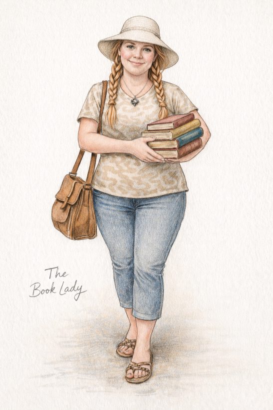 The Book Lady — illustrated portrait of Bridgette holding a stack of books