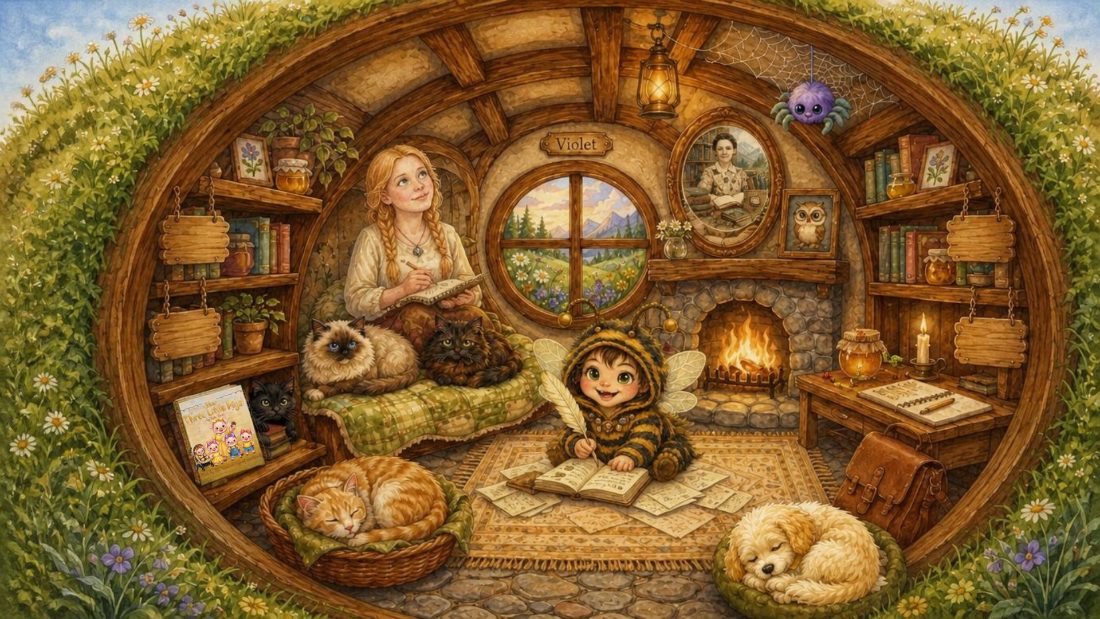 Inside The Burrow — Violet's cozy cottage with the whole cast: cats, Goldie, Chaos Goblin and Millie's portrait above the fireplace
